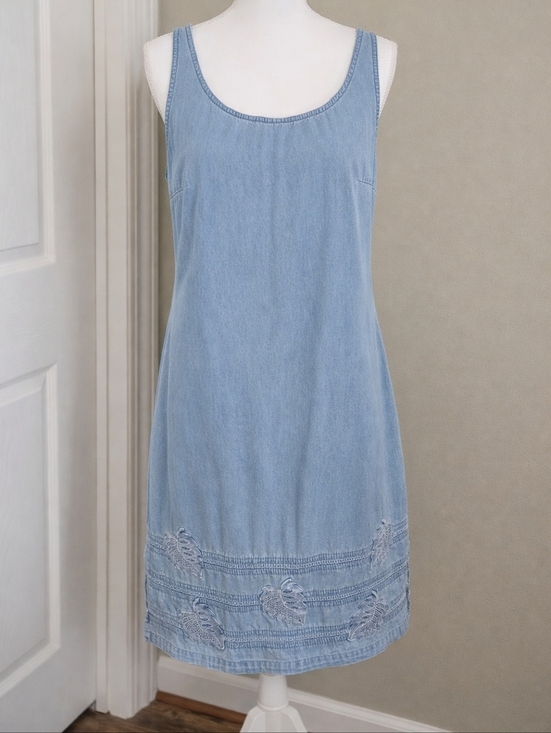 Lafei Nier Dresses & Skirts - Y2K Denim Jumper Dress Coastal Cowgirl Tropical Monstera Midi Light Wash